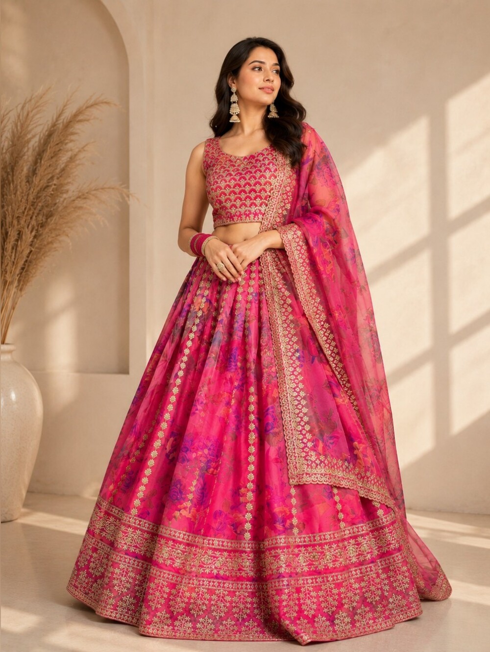 Pink Printed Organza Lehenga Set with Dupatta – Size 6
